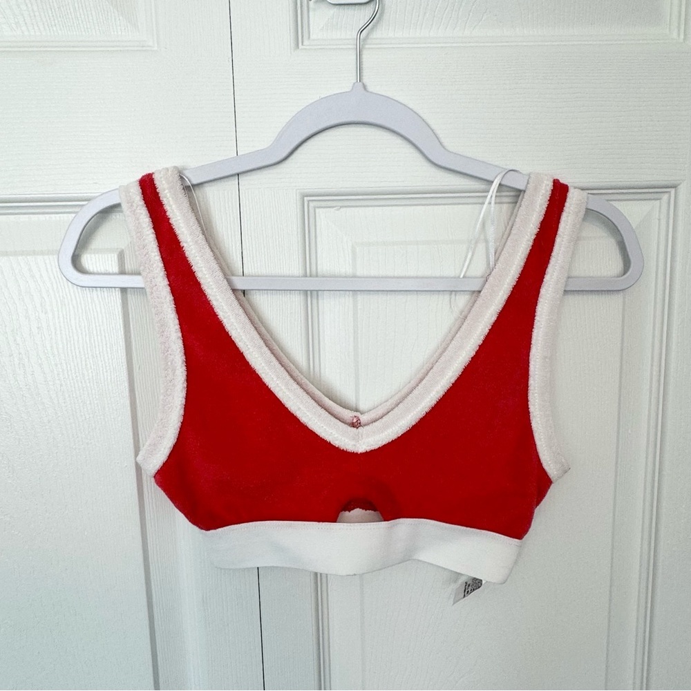 NWOT ZARA Terry Cloth Crop Top Cutout V-Neck Sleeveless Red White